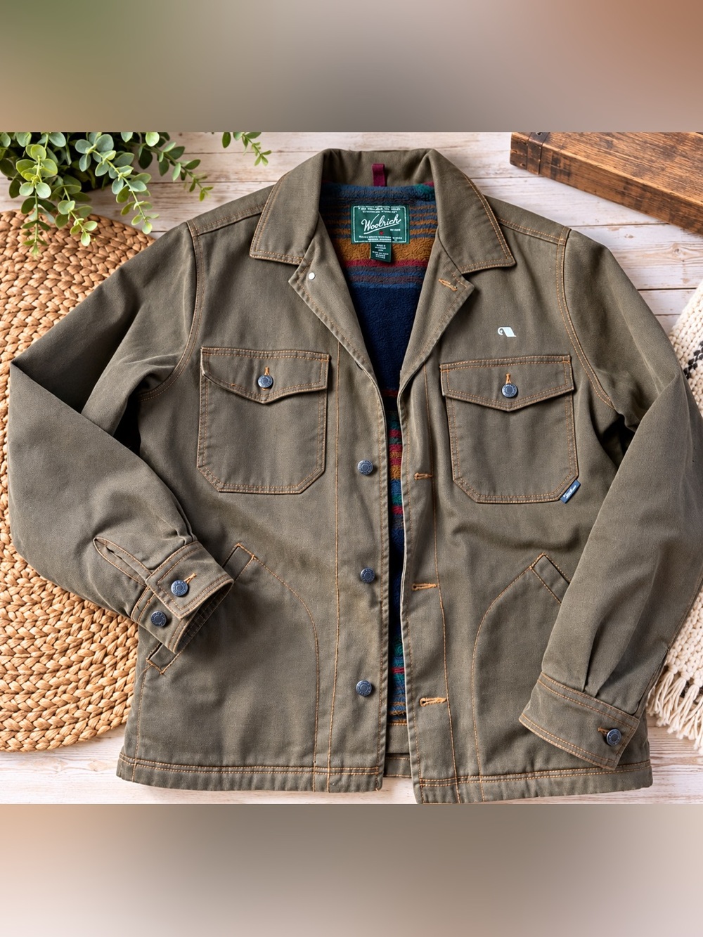 Woolrich Olive Green Canvas Field Jacket soft lining